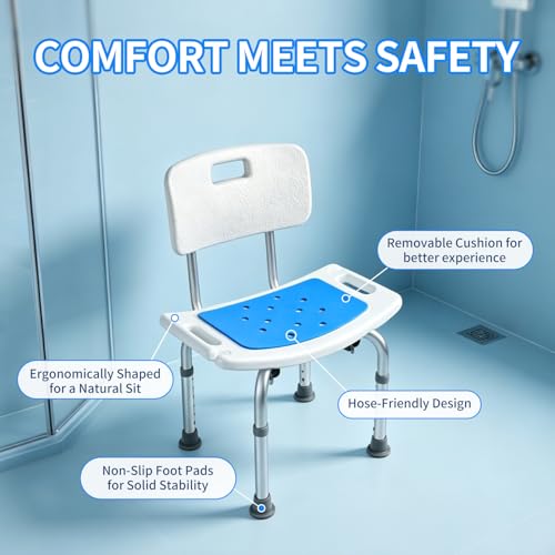 Shower Chair with Back, 300 lbs Capacity Heavy Duty Bath Seat, 6-Level Adjustable Height Shower Seat for Inside Shower, Tool-Free Assembly Aluminum Shower Stool with Back for Elderly Adults