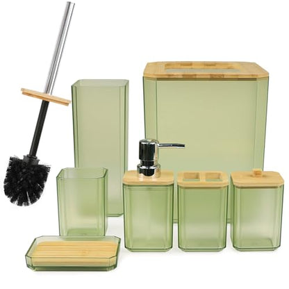 CERBIOR Bamboo Bathroom Accessories Set 7 Piece Bath Ensemble,Green | Includes Soap Dispenser, Toothbrush Holder, Toothbrush Cup, Soap Dish for Decorative Countertop and Housewarming Gift - style: Green