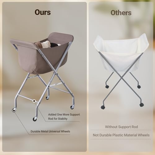 ELYKEN Laundry Basket with Wheels, Collapsible Laundry Hamper, Camel Brown | Removable Liner Bag, Foldable Design, Sturdy Metal Frame, 4 Casters, 32”H Laundry Cart for Bedroom, Bathroom & Laundry Room - color: Camel Brown, size: 23.2"L x 13"W x 32"H