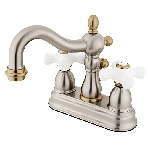 Kingston Brass KB1609PX Heritage 4" Centerset Lavatory Faucet Porcelain Cross Handle, Brushed Nickel/Polished Brass - color: Brushed Nickel/Polished Brass