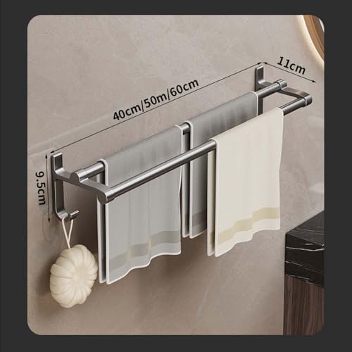 Double Towel Bar with Hooks, Sticky Towel Holder, Bathroom Towel Bar, Rustproof Towel Holder, Sturdy Towel Bar Wall Mounted for Bathroom, Kitchen (40cm) - size: 40cm