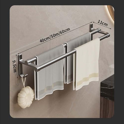 Double Towel Bar with Hooks, Sticky Towel Holder, Bathroom Towel Bar, Rustproof Towel Holder, Sturdy Towel Bar Wall Mounted for Bathroom, Kitchen (40cm) - size: 40cm