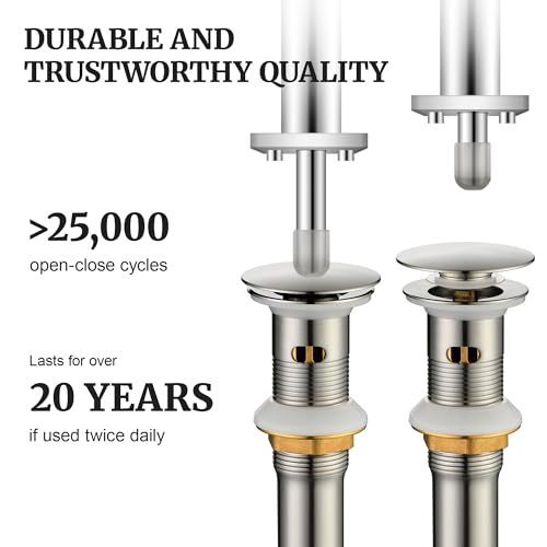 Pop up Sink Drain Stopper with Overflow Brushed Nickel for Bathroom Vessel Vanity Sink Art Basin，Big Cap Sink Drain with Overflow, Metal Pop-up Drain Strainer with Detachable Basket Stopper - color: Brushed Nickel, style: with overflow