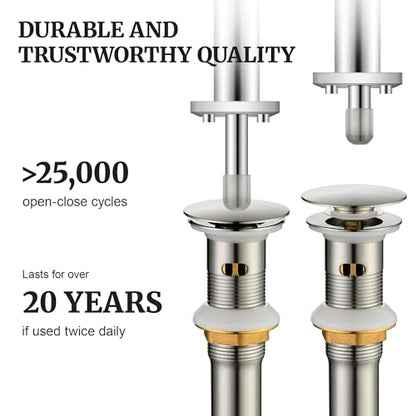 Pop up Sink Drain Stopper with Overflow Brushed Nickel for Bathroom Vessel Vanity Sink Art Basin，Big Cap Sink Drain with Overflow, Metal Pop-up Drain Strainer with Detachable Basket Stopper - color: Brushed Nickel, style: with overflow