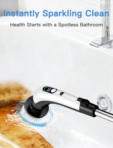 Electric Spin Scrubber with Power LCD Display, Cordless Bathroom Cleaning Brush with Adjustable Extension Handle, 400RPM/Mins, 9 Replaceable Brush Heads, IPX7 Waterproof for Shower, Bathtub, Tile - style: Long Handle