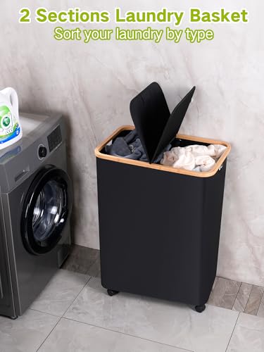 efluky Double Laundry Hamper with Wheels, Divided Laundry Hamper with Removable Bags, 2 Section Dirty Clothes Basket with Handles for Bathroom, Bedroom & Laundry Room, 160L Dark Black - color: Black, size: 160L