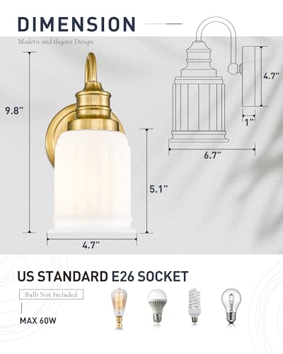 Modern Wall Sconces Set of Two, HWH Brushed Gold Bathroom Vanity Light, Antique Brass Wall Light Fixtures with Frosted White Bell-Shaped Glass, 5HZG106B-2 BG - color: Brushed Gold, size: 1-Light *2