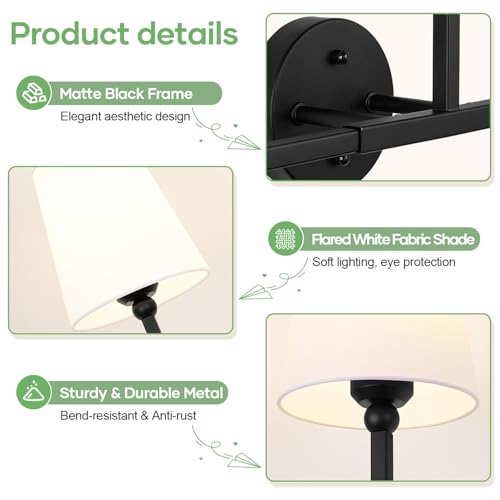 MOKATNG Bathroom Light Fixtures, 3-Light Matte Black Vanity Lights, Bathroom Lighting Fixtures Over Mirror with Flared White Fabric Shade, Modern Wall Sconces for Living Room Hallway - color: Matte Black & White Shade