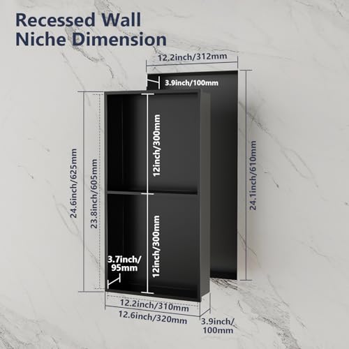 Stainless Steel Shower Niche with Shelf | 12" x 24" No Tile Needed Recessed Wall Niche for Shower Wall Bathroom Storage Insert Installation (Matte Black)