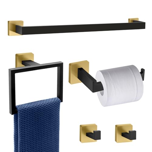 5 Piece Black and Gold Towel Bar Set - Gold and Black Bathroom Accessories with 2 Towel Hook, Stainless Steel Wall Mounted Bathroom Towel Rack Set - Square 16-Inch - color: Black and Gold, size: 16 IN