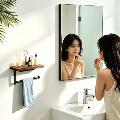 Bathroom Hand Towel Holder/Towel Ring, Premium Metal Wall Mounted Hand Towel Hanger with Wooden Shelf, Heavy Duty Kitchen Towel Holder Rustic Hand Towel Rack for Bathroom Accessories (Black)