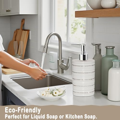 White Ceramic Soap Dispenser with Silver Pump for Bathroom, Refillable Liquid Hand Soap Dispenser, Bling Moissanite Design for Kitchen Dish Soap, Hand Soap, Pump Bottle for Liquid