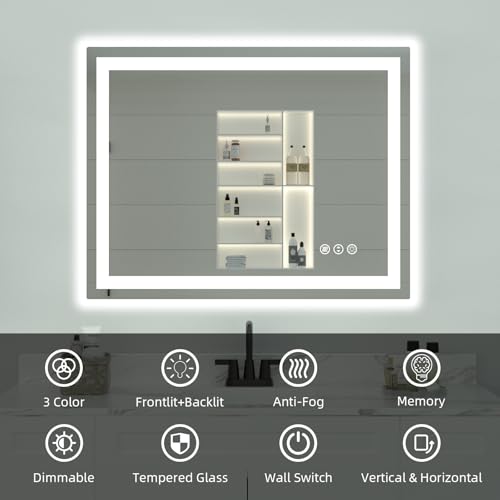 LED Bathroom Mirror, 48"X40" with Front and Backlit, Anti-Fog, Bathroom Vanity Mirror with Memory Function, Stepless Dimmable Lighted Bathroom Mirror, Tempered Glass (Horizontal/Vertical) | Front & Backlit, Memory Function, HD Tempered Glass Vanity Mirror