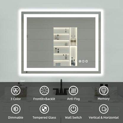 LED Bathroom Mirror, 48"X40" with Front and Backlit, Anti-Fog, Bathroom Vanity Mirror with Memory Function, Stepless Dimmable Lighted Bathroom Mirror, Tempered Glass (Horizontal/Vertical) | Front & Backlit, Memory Function, HD Tempered Glass Vanity Mirror