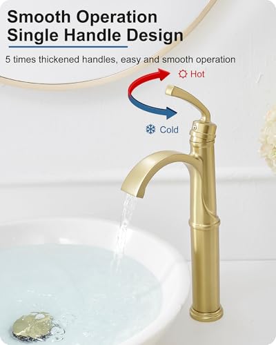 Tall Vessel Sink Faucet, Brass Waterfall Bathroom Sink Faucet Single Handle, Gold Bathroom Faucet 1 Hole, Tall Bathroom Faucets with Pop-Up Drain Water Supply Hoses - color: Brushed Gold