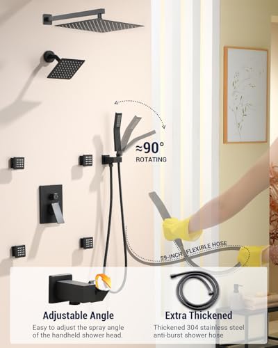 Dual Rainfall Shower Head System with 4 Body Jets, JetsBath Shower Faucet Set Double Shower Head 6-Inch Shower Head & 12” Rain Shower, Luxury Matte Black Shower Faucet Set,Wall-Mounted Shower System - color: Matte Black