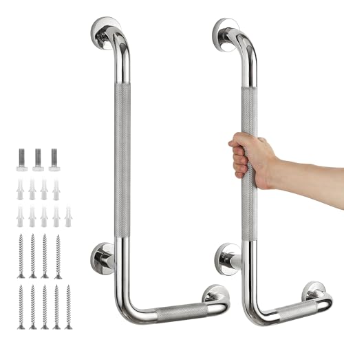 L-Shaped Grab Bars for Shower, 2 Pack, 24 x 12 Inch Stainless Steel, Right | Grab Bars for Bathroom; Diamond-Knurled Anti-Slip Grip; Wall-Mounted Safety Rail for Seniors; Mounting Hardware Included - size: Right 2PCS