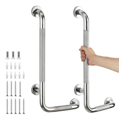 L-Shaped Grab Bars for Shower, 2 Pack, 24 x 12 Inch Stainless Steel, Right | Grab Bars for Bathroom; Diamond-Knurled Anti-Slip Grip; Wall-Mounted Safety Rail for Seniors; Mounting Hardware Included - size: Right 2PCS