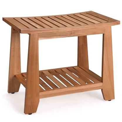 Teak Shower Bench Stool, 21'' Waterproof Wood Spa Bath Bench with Storage Shelf, Non-Slip Solid Teak Shower Seat Chair for Bathroom Inside Shower and Outdoor Use - size: 21''W x 13''D x 17''H