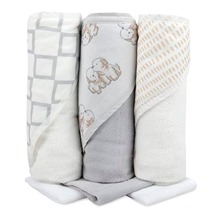 Hooded Baby Bath Towel and Washcloth 6 Piece Set for Newborns Infants & Toddlers, Boys & Girls Baby Hooded Towels (Puppies & Patterns) - color: Puppies & Patterns