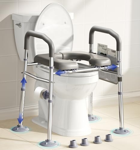 Raised Toilet Seat Risers for Seniors with Handles, Grey | Adjustable 7 Height & 6 Width, 400lbs Heavy-Duty Support, Built-in Paper Holder & Storage, For Elderly & Handicap