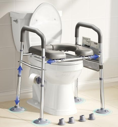 Raised Toilet Seat Risers for Seniors with Handles, Grey | Adjustable 7 Height & 6 Width, 400lbs Heavy-Duty Support, Built-in Paper Holder & Storage, For Elderly & Handicap