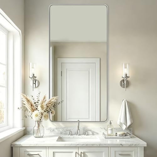 ANDY STAR 24''x48'' Chrome Bathroom Mirrors for Over Sinks, Rounded Rectangle Oblong Mirror in 1'' Rustproof Tube Metal Frame, Vanity Mirror Hang Horizontal/Vertical for Bathroom Remodel - color: Polished Chrome, size: 48"L x 24"W