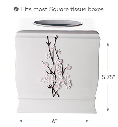 Vanda Cherry Blossom White Square Resin Tissue Box Cover with Bottom Slider - style: Square Tissue Box