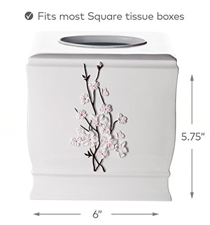 Vanda Cherry Blossom White Square Resin Tissue Box Cover with Bottom Slider - style: Square Tissue Box