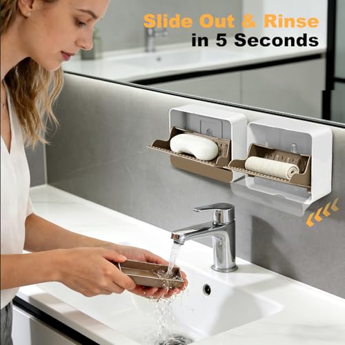 Strong Adhesive Hook Wall-Mounted Soap Dish Holder, 2-Layer Draining Tray with Removable Container, Keeps Soap Dry for Bathroom, Shower, Sink, Kitchen- Space Saver (1-Pack Khaki-Single Compartment) - color: 1-pk Khaki-single Compartment