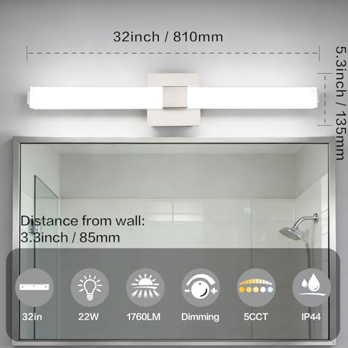 32 Inch Brushed Nickel 5CCT LED Vanity Light - Selectable Color Temperature Modern Bathroom Vanity Light Fixtures IP44 - color: Upgraded - Brushed Nickel - 5CCT Dimmable, size: 32 inch