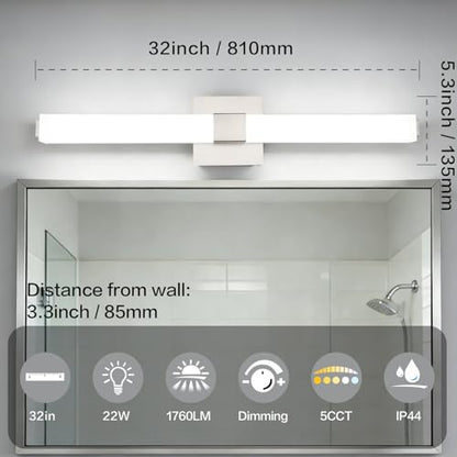 32 Inch Brushed Nickel 5CCT LED Vanity Light - Selectable Color Temperature Modern Bathroom Vanity Light Fixtures IP44 - color: Upgraded - Brushed Nickel - 5CCT Dimmable, size: 32 inch