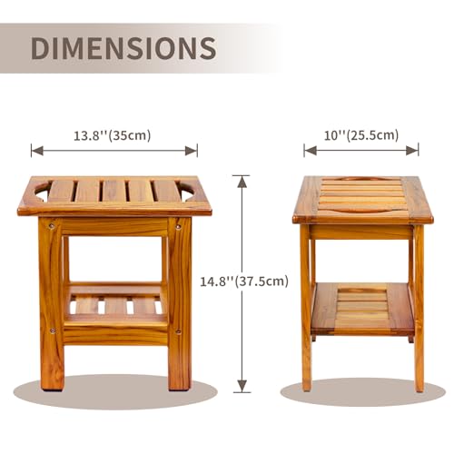 Utoplike Teak Shower Stool, Compact Showers Bench, Foot Rest Shaving Legs | Foot Stools for Shave Legs, with Shelf & Handle, 2-Tier. Small Wooden Bath Seat with Non-Slip Feet for Bathroom, Bathtub - size: Small