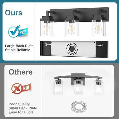 Matte Black Bathroom Light Fixtures, Modern Vanity Lights with Clear Glass Lamp Shade, Bathroom Lighting Fixtures Over Mirror, Restroom Vanity Lighting Fixture, 3-Light 22 Inch - color: Blakc, size: 3-Light