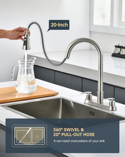 DAYONE 2 Handle Kitchen Faucet with Pull Down Sprayer, 4 Holes Sink Faucets for Kitchen/RV with Soap Dispenser Stainless Steel, Brushed Nickel - color: Brushed Nickel, style: 4 Holes Pull Down