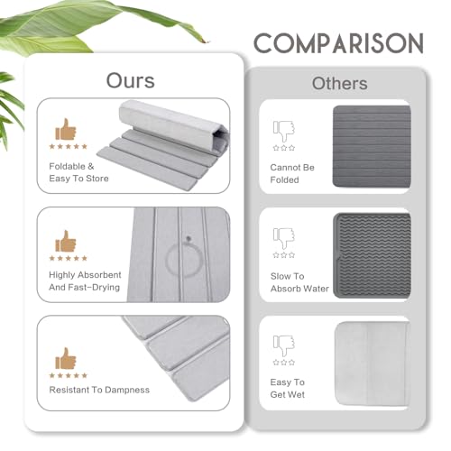 BoxedHome Large Stone Dish Drying Mat for Kitchen Counter, Foldable Diatomaceous Earth Water Absorbing Mat, Bottles Cups 24"(L) 16"(W), Light Gray - color: Light Grey