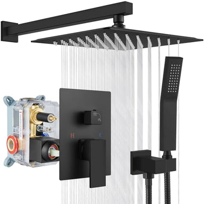 gotonovo Rainfall Bathroom Shower System Rain Shower Head and Handle Set Wall Mounted Shower Complete Combo Solid Brass Pressure Balancing Shower Mixer Valve 12 Inch Matte Black - color: Matte Black, size: 12 Inch
