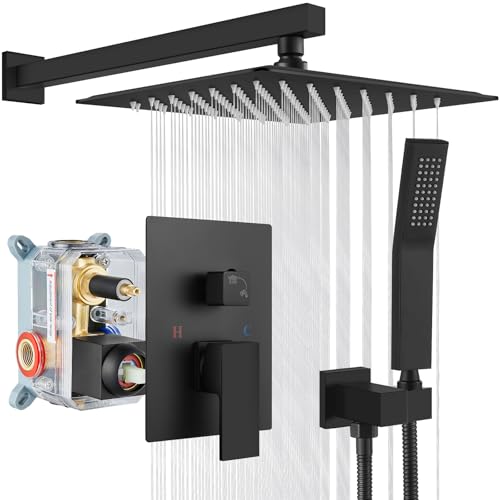 gotonovo Rainfall Bathroom Shower System Rain Shower Head and Handle Set Wall Mounted Shower Complete Combo Solid Brass Pressure Balancing Shower Mixer Valve 12 Inch Matte Black - color: Matte Black, size: 12 Inch