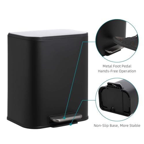GarveeHome Kitchen Trash Can, 5.3 Gal Stainless Steel Garbage Can, Black | Soft Close Lid, Foot Pedal & Removable Inner Bucket, Rectangular Step On Waste Bin for Office Bedroom - color: Black, size: 20 L
