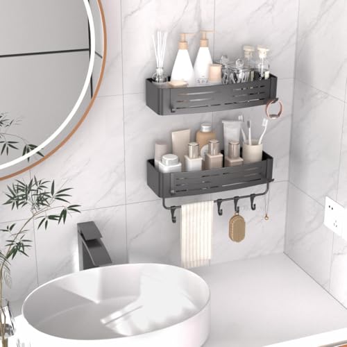 Onemake Shower Caddy Suction Cup, 2 Pack Shower Shelf with Hooks for Bath | No-drilling Rustproof Aluminum Removable Caddy with Towel Bar, Waterproof Shower Organizer, Corner Shampoo Holder, Gray - style: 2 Tier-Gray Square Caddies