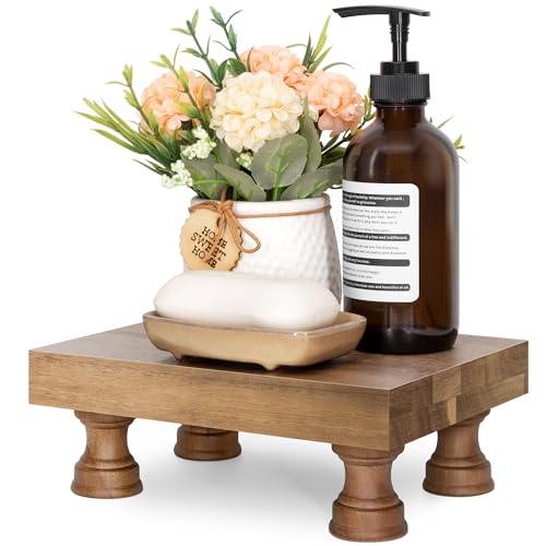 EOSAHR Wood Riser for Decor & Display Stand for Kitchen Counter, Brown | Acacia Wood, Rich Finish, 8.5" Pedestal Stand, Plant & Dessert Stand, Soap Holder, Bathroom Vanity Organizer, Kitchen Decor - color: B-Light Acacia