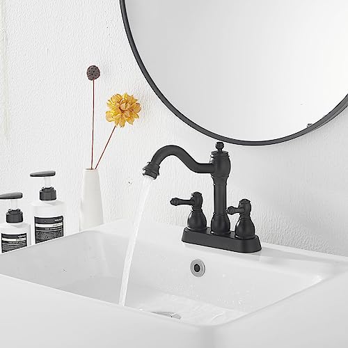 Matte Black Bathroom Faucet 2 Handles 4 Inches Centerset RV Black Bathroom Vanity Faucet with Drain Assembly and Supply Hose Lavatory Faucet - color: Black, size: Centerset