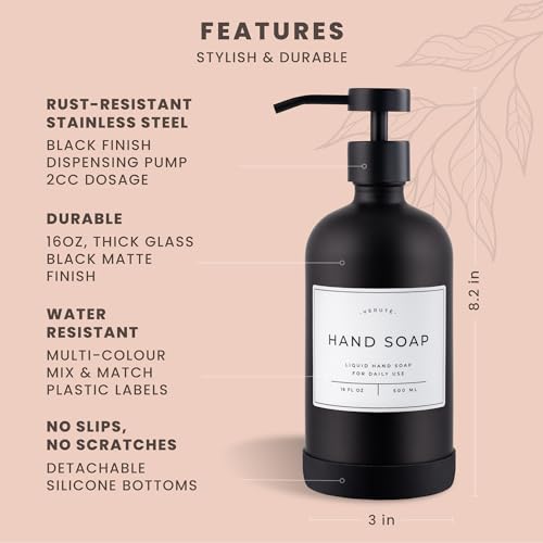 Hand and Dish Soap Dispenser for Kitchen and Bathroom, Set of 2 16 Oz Glass Bottles, Stainless Steel Pumps, Non-Slip Silicone Base, 27 Waterproof Labels (Matte Black Bottle/Black Pump) - color: Matte Black Bottle / Black Pump