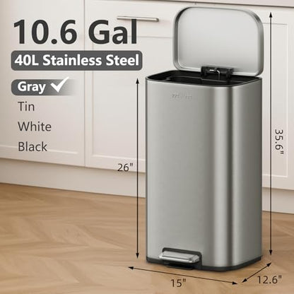 mVm 10.6 Gal Kitchen Trash Can, Step Trash Can with Lid, Smooth Edge Garbage Bin for Home Office (Gray) - color: Gray, size: 10.6Gal