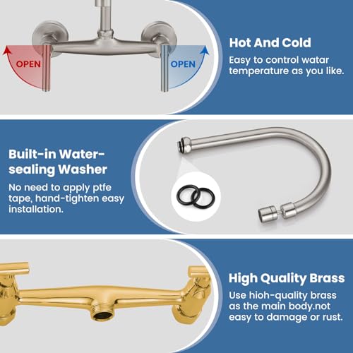 Airuida 8 Inch Center Wall Mounted Kitchen Sink Faucet | 360° Degree Swivel Spout,Double Handle,Wall Mount Utility Sink Faucet - color: Brushed Nickel