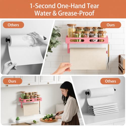 Pink Paper Towel Holder Wall Mount with Shelf, Easy One Hand Tear, Adhesive Glue or Drill Mount Hanging Paper Towel Holder with Shelf for Kitchen/Bathroom/RV, Metal, 4 Hooks - color: Pink