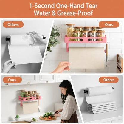 Pink Paper Towel Holder Wall Mount with Shelf, Easy One Hand Tear, Adhesive Glue or Drill Mount Hanging Paper Towel Holder with Shelf for Kitchen/Bathroom/RV, Metal, 4 Hooks - color: Pink