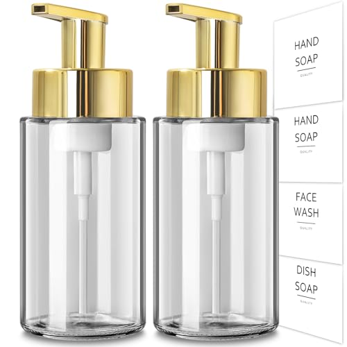 RYTOXILO Foaming Soap Dispenser, 10 oz/300ml Gold Soap Dispenser, 2 Pack Glass Foaming Hand Dispenser for Bathroom & Kitchen, Refillable Foam Bottle with Waterproof Labels - color: Clear Bottle, size: 10 Fl oz with Gold Pump