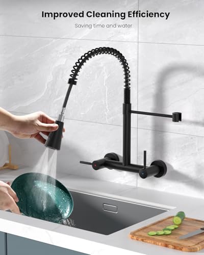 Matte Black Wall Mount Kitchen Sink Faucet 2 Handles, 8 Inch Center Wall Commercial Utility Sink Faucet with Pull Out Sprayer 3 Modes, Stainless Steel - color: 2-Handle-Black, style: Wall Mount