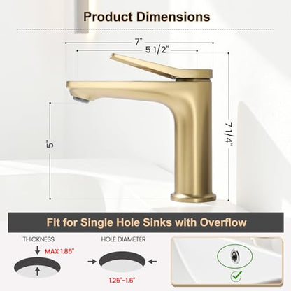 Rbrohant Single Hole Bathroom Faucet, Brushed Gold Single Handle Bathroom Sink Faucets for 1 Hole, Bathroom Vanity Faucet with Pop up Drain, Deck Mount, R2001-BG - color: Brushed Gold, style: No Escutcheon